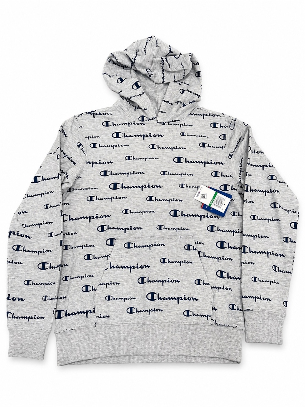 Champion Gray Hoodie with Allover Navy Logo Print